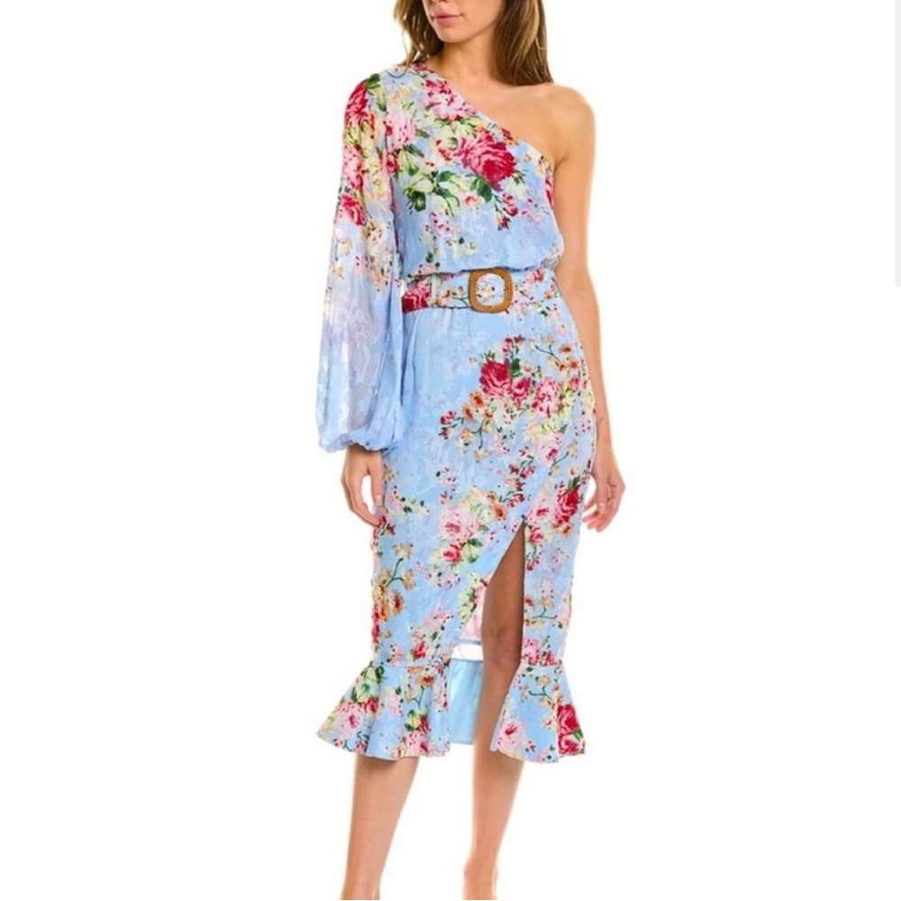 HEMANT & NANDITA One-shoulder Tula Midi Dress, Sky Blue w Floral Pattern, Small